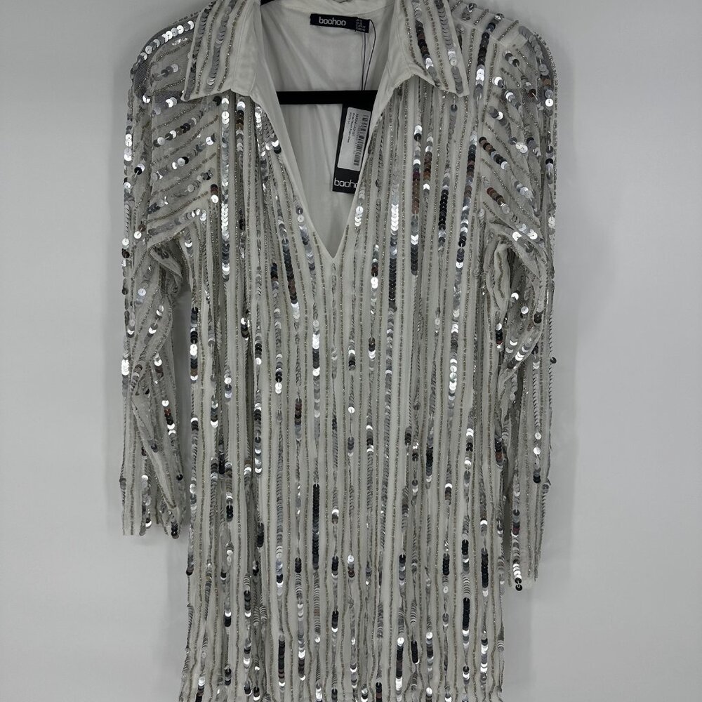 BOOHOO stripe sequin Rugby shiftt dress white and silver UK 14 // US 10  NWT - Picture 2 of 6